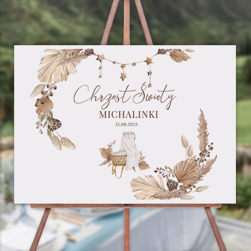 Plakat powitalny na Chrzciny dziecka w stylu boho.