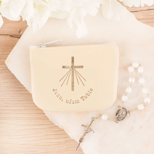 ETUI na różaniec komunijny kremowa saszetka na zamek