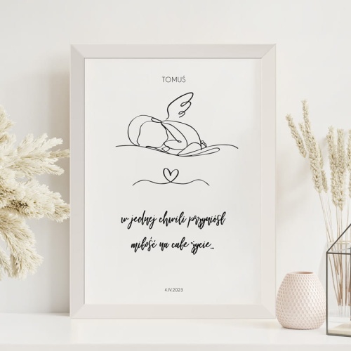 Plakat z dzieckiem aniołkiem oraz cytatem, dekoracja do pokoju dziecka. Prezent z okazji narodzin