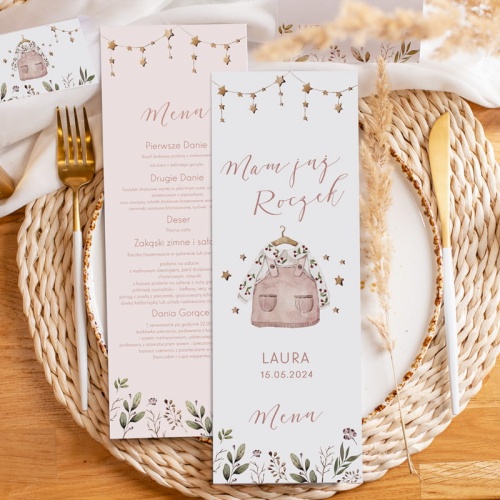 Menu z rozpiską posiłków. Karta do dekoracji stołu na roczek dziewczynki.