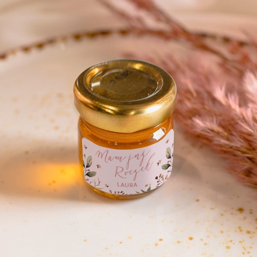 Miód w słoiczku na podziękowanie dla gości z okazji pierwszych urodzin.