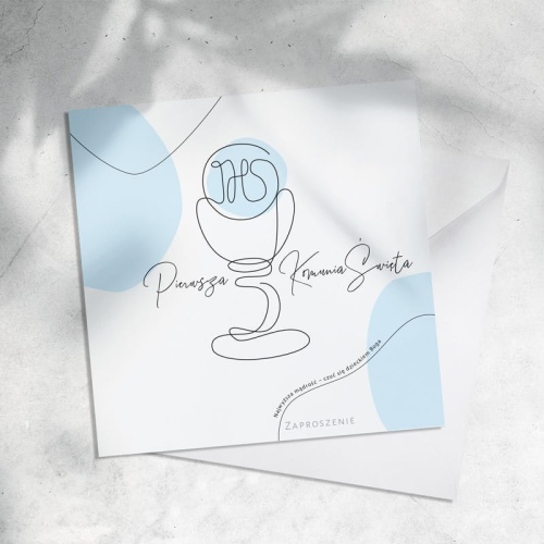 Minimalistyczne zaproszenie komunijne w biało-błękitnej kolorystyce.