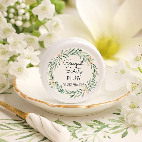 Jojo na podziękowanie dla gości. Zabawka w białym kolorze z ozdobną etykietą z personalizacją.