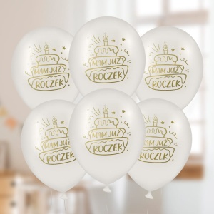 BALONY dekoracyjne białe ze złotym napisem Mam już Roczek 6szt.