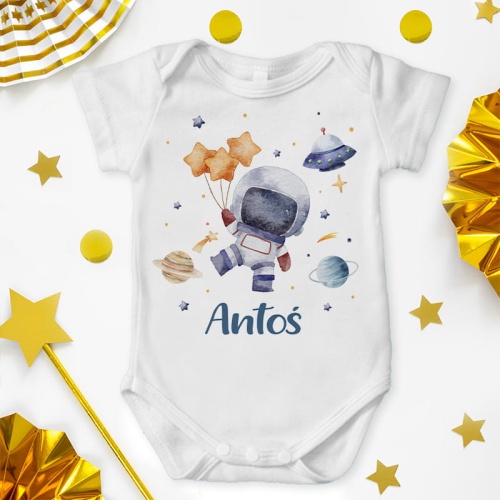 Body chłopięce z kosmicznym motywem i imieniem dziecka.