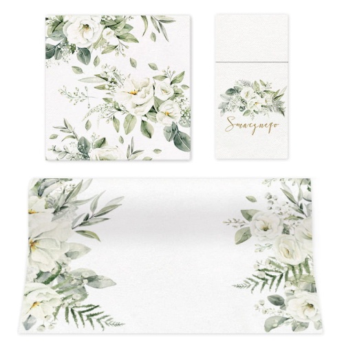 Zestaw dekoracji stołu z motywem białych kwiatów.