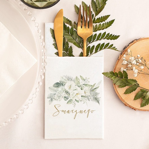 Kieszonki na sztućce w białym kolorze z grafiką kwiatów i napisem Smacznego.