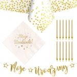 ZESTAW biało-złotych dekoracji urodzinowych na stół + baner Moje Urodzinki