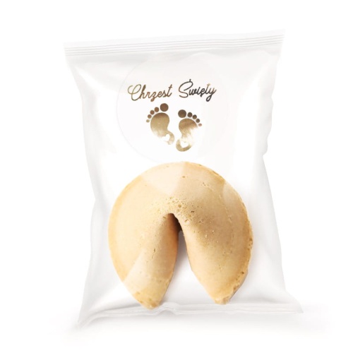 Ciasteczko z wróżbą zapakowane w ozdobne opakowanie ze złoconą etykietą z kolekcji Małe Stópki. Poczęstunek dla gości na chrzest