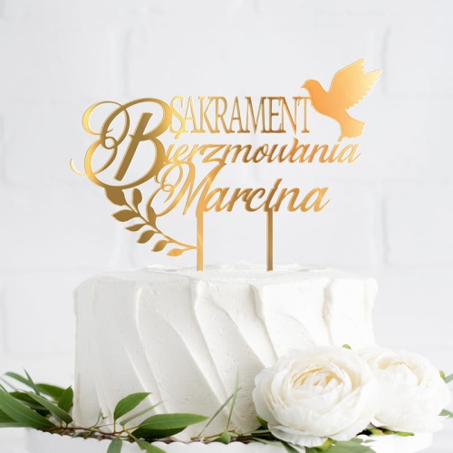 Lustrzany złoty topper akrylowy na tort na bierzmowanie. Ozdoba tortu.