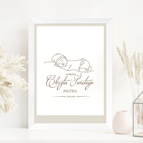 Personalizowany plakat na Chrzest Święty dla chłopca. Na plakacie znajduje się kontur dziecka i personalizacja.