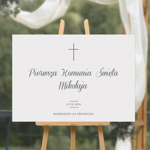 Biały plakat personalizowany na Komunię.