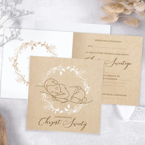 Zaproszenia eko kraft na Chrzciny chłopca.