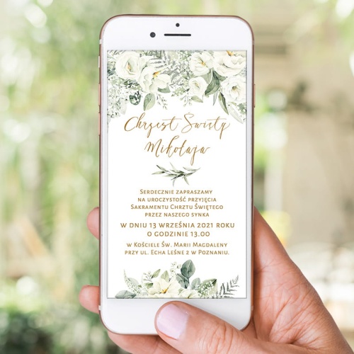 Zawiadomienie elektroniczne na telefon, na chrzest święty. Plik z treścią i ozdobną grafiką w białe kwiaty