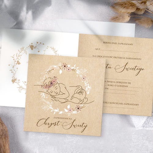 Zaproszenia na Chrzest Święty w stylu eko kraft.