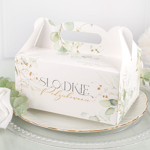 Pudełka na ciasto z rączką i zdobieniem w listki eukaliptusa