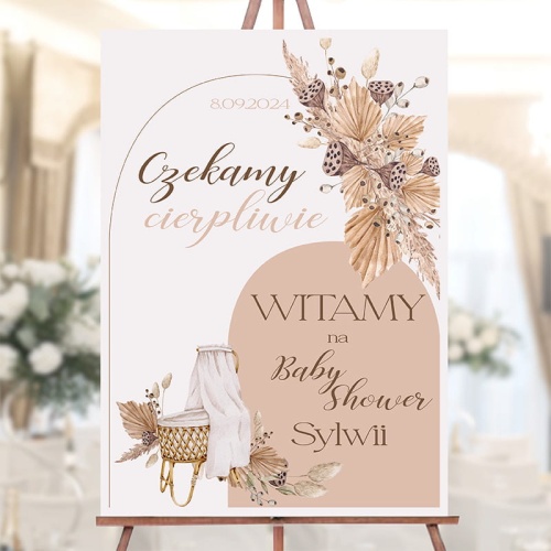 Plakat 70 x 50 cm z napisem Czekamy cierpliwie Baby Shower + imię przyszłej mamy