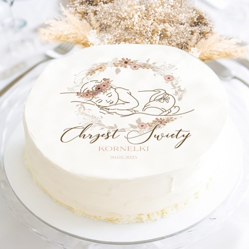 Okrągły opłatek na tort dziewczynki z okazji Chrztu Świętego.