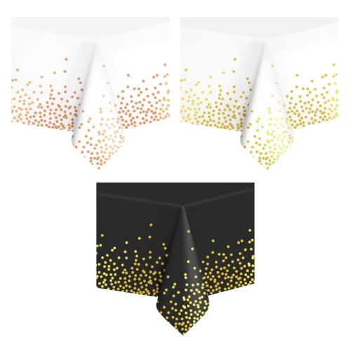 Obrus jednorazowy  w białym, czarnym kolorze w złote kropki lub rosegold.