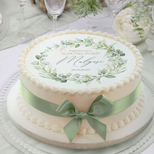 Personalizowany opłatek na tort. Ozdoba na Pierwszą Komunię Świętą.