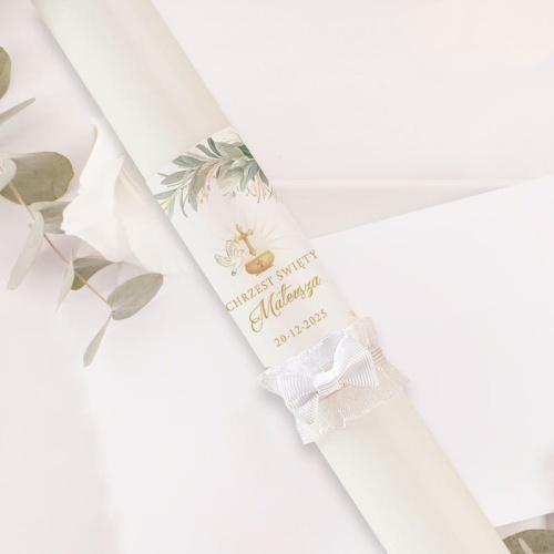 Gromnica na Chrzest z personalizowaną etykietą. Pamiątka Chrztu Świętego.