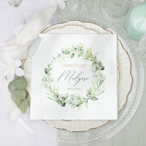 Serwetka z nadrukiem na dekorację stołu. Personalizowany dodatek na przyjęcie z okazji Chrztu.