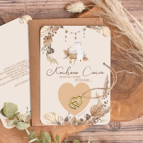 Karta z ukrytym pytaniem do Mamy Chrzestnej w stylu boho.