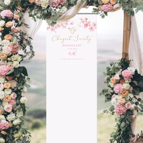 Ścianka dekoracyjna na Chrzest Święty. Personalizowana ścianka z magnoliami.