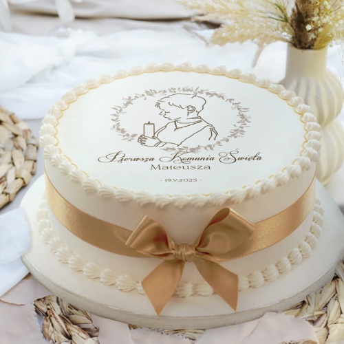 Opłatek na tort z okazji Pierwszej Komunii. Dekoracja stołu komunijnego.