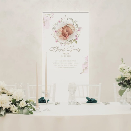 Ścianka powitalna na przyjęcie Chrztu. Plakat dekoracyjny na Chrzest.