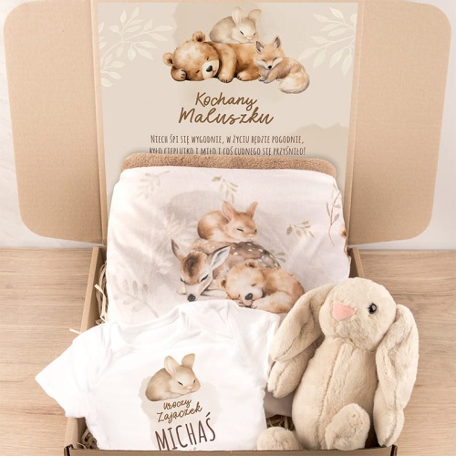 Niemowlęce body w zestawie z kocykiem i pluszakiem na urodzinki.