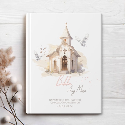 Biblia z personalizowaną okładką. Pamiątka chrztu z imieniem dziecka.