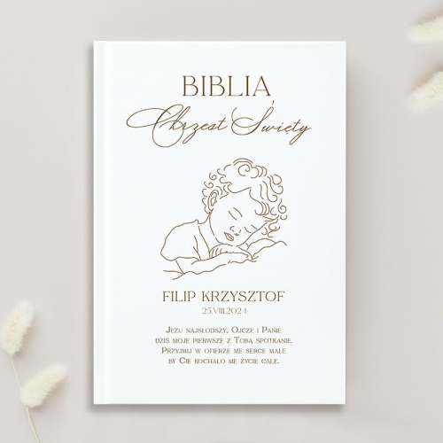 Biblia exclusive z aniołkiem, imieniem dziecka i datą uroczystości. Wyjątkowy pomysł na prezent z okazji Chrztu Świętego