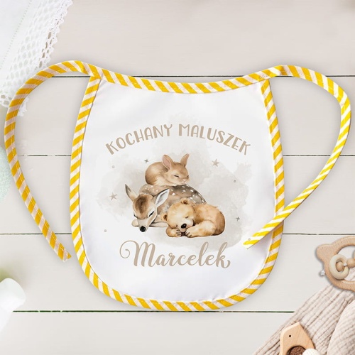 Boho śliniaczek dla dziecka z imieniem i zwierzątkami.