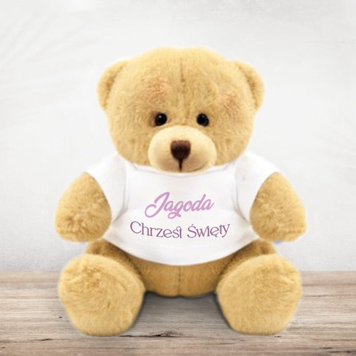 Pluszowy misiu dla dziewczynki. Pluszowa pamiątka na Chrzest Święty. Personalizowana maskotka na pamiątkę Chrztu Świętego.