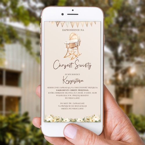 Elektroniczne zaroszenie na Chrzest Święty. Zaproszenie na chrzest. Cyfrowe zaproszenie na telefon.