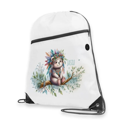 Worek z misiem dla przedszkolaka. Worek Miś Indianin dla przedszkolaka. Worek sportowy z imieniem dla dziecka