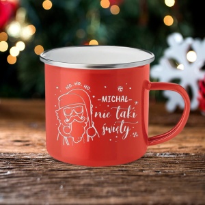 KUBEK metalowy czerwony z napisem Prezent świąteczny dla niego