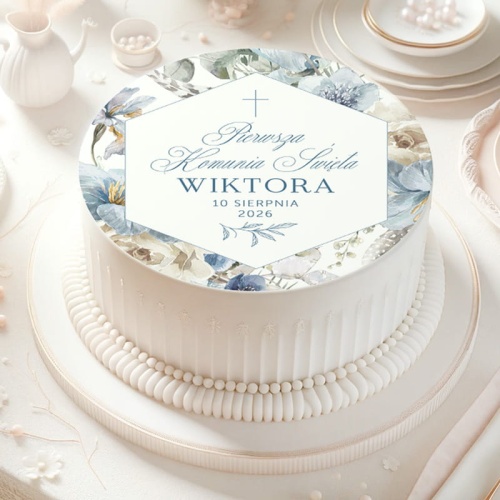Opłatek na tort komunijny dziecka. Komunia w błękicie.