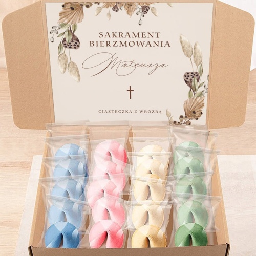 zestaw ciasteczka z wrozba na bierzmowanie rozowe niebieskie zielone biszkoptowe