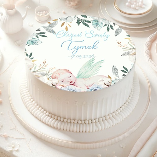 Dekoracja tortu na chrzest z aniołkiem i imieniem dziecka.