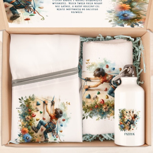 Personalizowany bidon z kolorowym nadrukiem wspinającego się chłopca i imieniem dziecka