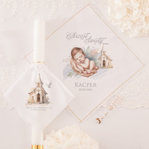 Zestaw szatka i profitka do Chrztu Świętego chłopca z imieniem i datą.