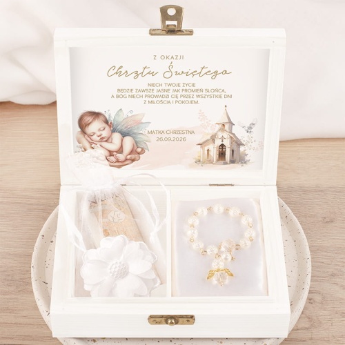 Skrzynka na pieniądze z różańcem dla chłopca na Chrzest