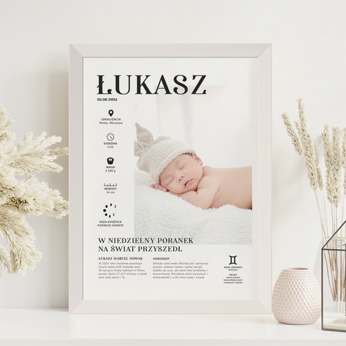Personalizowany PLAKAT w Ramce z Metryczką i Zdjęciem Dziecka