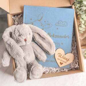 ZESTAW na narodziny dla noworodka Pluszowy zając i album foto z metryczką
