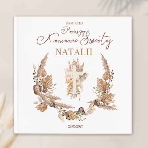 Księga z grafiką w stylu boho, pamiątka komunijna na wpisy i życzenia gości dla dziecka