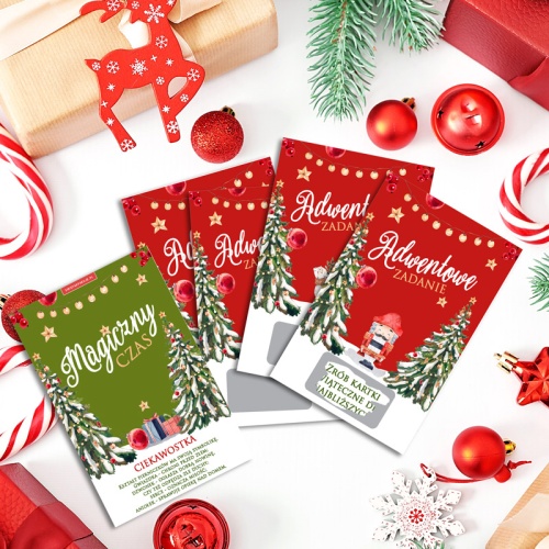 Karty z zadaniami i ciekawostkami świątecznymi jako kreatywny kalendarz adwentowy.