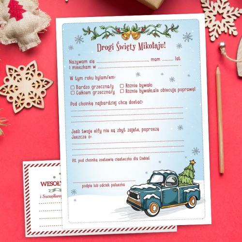 Świąteczny list i koperta do Mikołaja z ilustracją auta i choinki