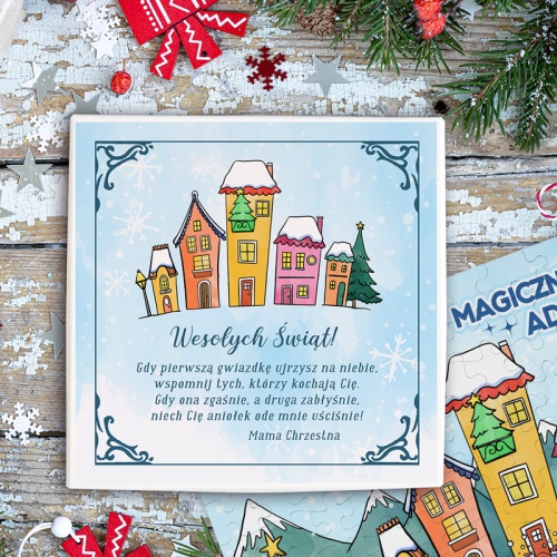 Puzzle z kolorowym miasteczkiem i saniami Mikołaja jako prezent na święta